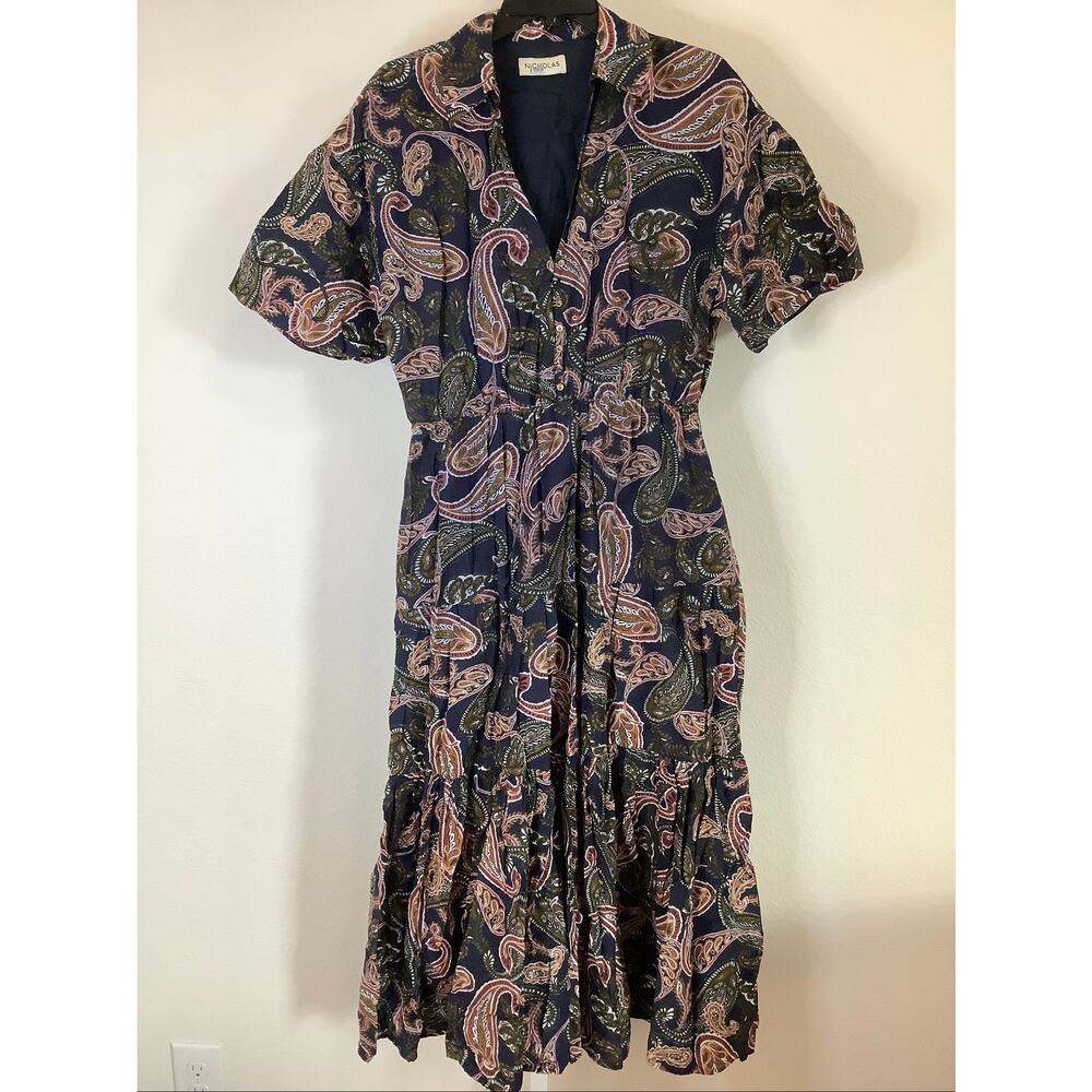 Nicholas Women's 14 Blue Amina Paisley Midi Dress Silk Blend Boho Chic S4-3 - Picture 3 of 10